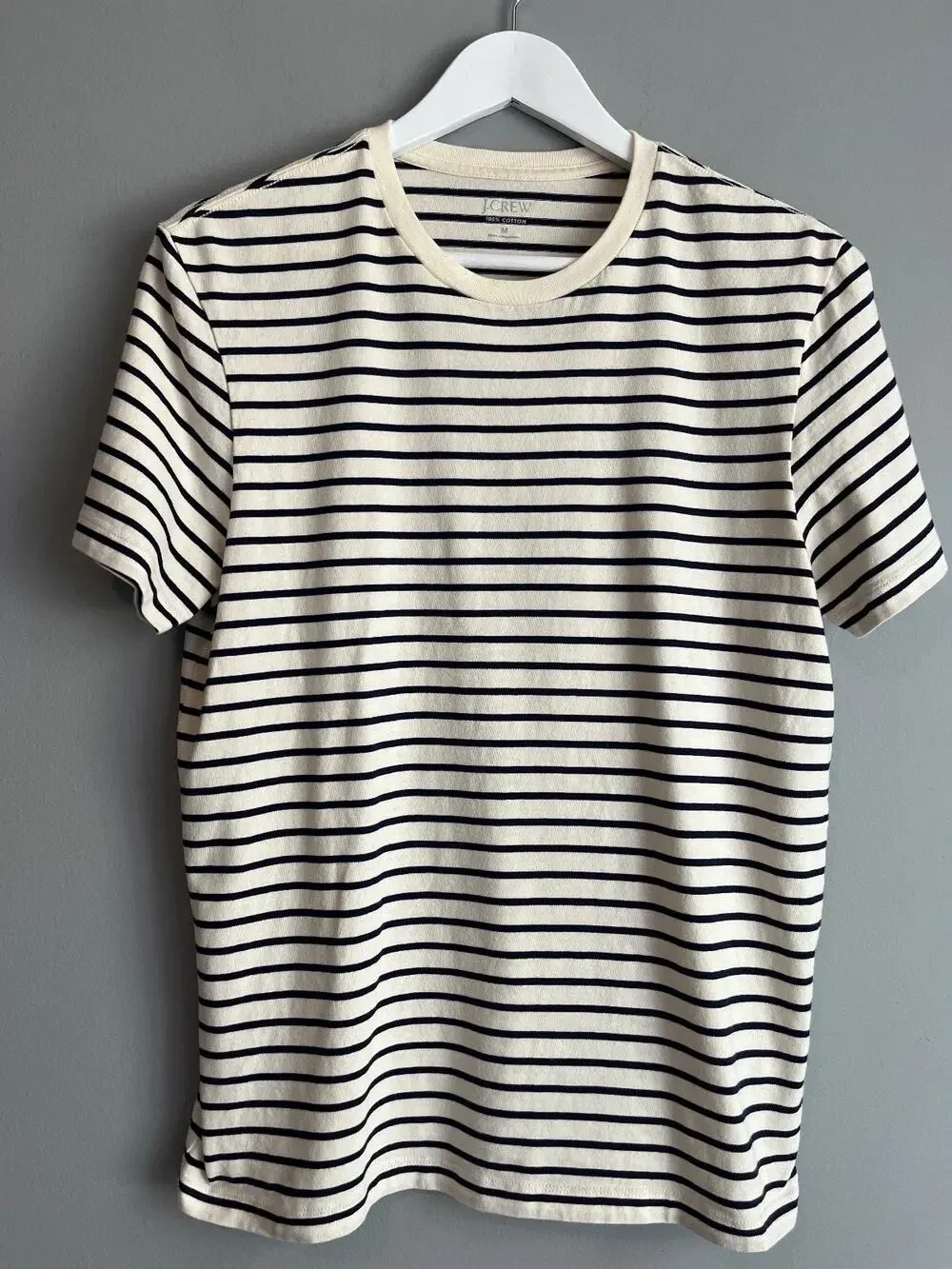 J.Crew Mens Striped Tee Ivory Navy Size M Nautical Breton Classic Preppy